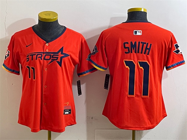Women's Houston Astros #11 Cam Smith Orange 2025 City Connect With Texas Patch Limited Stitched Baseball Jersey(Run Small)